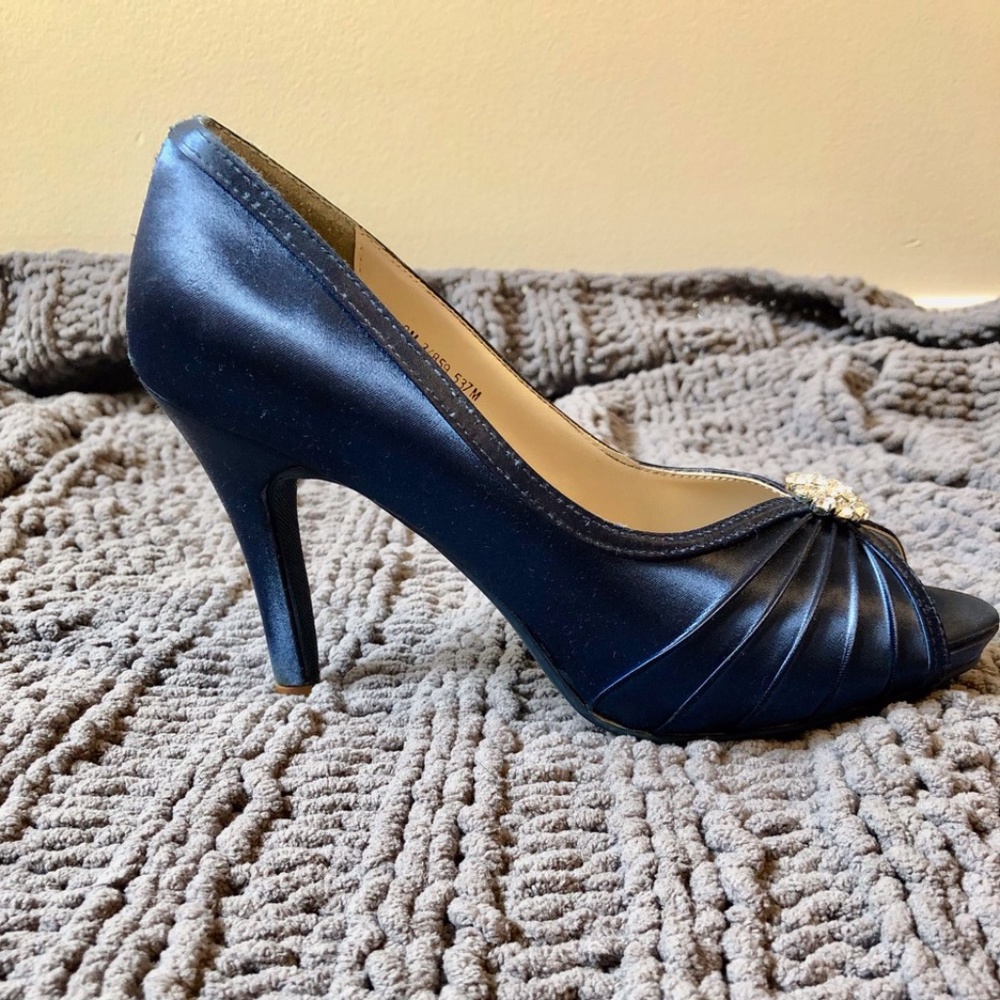Blue Satin Heels With Rhinestone Decor - Picture 3 of 8